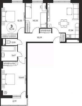 3-к квартира, вторичка, 72м2, 8/25 этаж