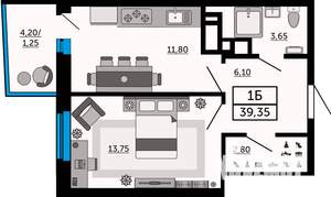 1-к квартира, вторичка, 39м2, 12/19 этаж