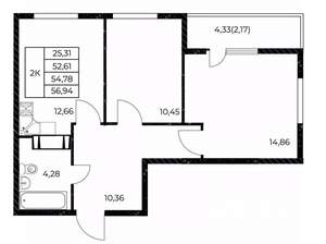 2-к квартира, вторичка, 57м2, 6/25 этаж