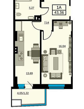 1-к квартира, вторичка, 44м2, 22/25 этаж
