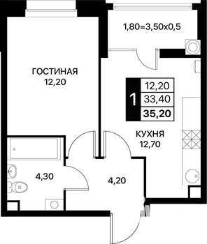 1-к квартира, вторичка, 35м2, 2/12 этаж