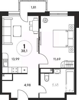 1-к квартира, вторичка, 38м2, 24/25 этаж