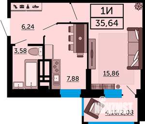 1-к квартира, вторичка, 36м2, 23/24 этаж
