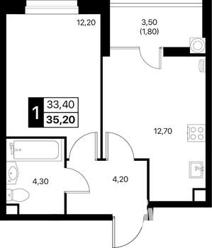 1-к квартира, вторичка, 35м2, 2/12 этаж