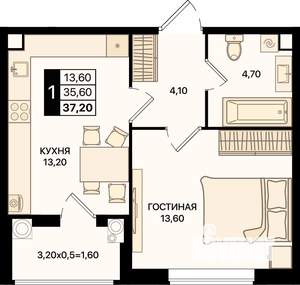 1-к квартира, вторичка, 37м2, 2/20 этаж