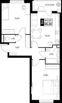 2-к квартира, вторичка, 66м2, 2/12 этаж