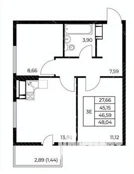 2-к квартира, вторичка, 48м2, 23/25 этаж