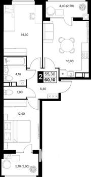 2-к квартира, вторичка, 60м2, 7/12 этаж