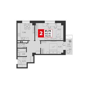 2-к квартира, строящийся дом, 62м2, 5/22 этаж