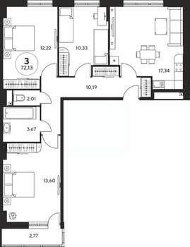 3-к квартира, вторичка, 72м2, 9/25 этаж