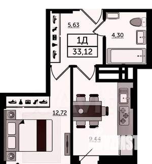 1-к квартира, вторичка, 33м2, 3/23 этаж