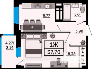1-к квартира, вторичка, 38м2, 21/24 этаж