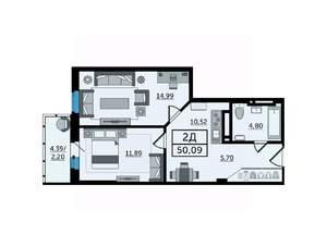 2-к квартира, вторичка, 54м2, 14/25 этаж