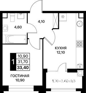 1-к квартира, вторичка, 33м2, 2/20 этаж