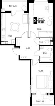 2-к квартира, вторичка, 61м2, 3/12 этаж