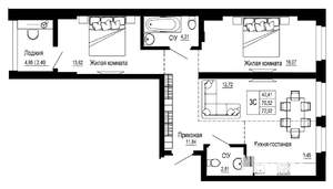 2-к квартира, строящийся дом, 73м2, 3/26 этаж