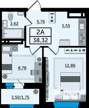 2-к квартира, строящийся дом, 38м2, 20/22 этаж