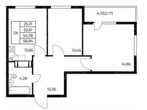 2-к квартира, вторичка, 57м2, 15/25 этаж