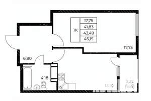 1-к квартира, строящийся дом, 45м2, 22/25 этаж