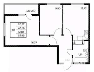 2-к квартира, вторичка, 54м2, 7/25 этаж