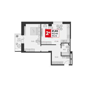 2-к квартира, строящийся дом, 62м2, 3/22 этаж
