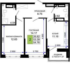 2-к квартира, вторичка, 55м2, 2/25 этаж