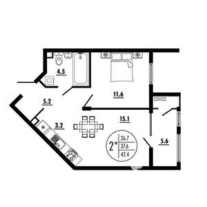 2-к квартира, вторичка, 42м2, 4/23 этаж