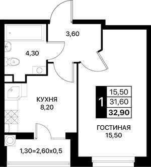 1-к квартира, вторичка, 33м2, 2/20 этаж