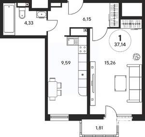 1-к квартира, вторичка, 37м2, 16/25 этаж