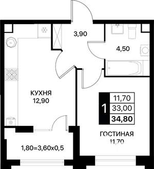 1-к квартира, вторичка, 35м2, 2/12 этаж