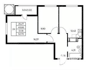 2-к квартира, строящийся дом, 53м2, 12/25 этаж