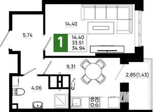 1-к квартира, вторичка, 35м2, 18/25 этаж