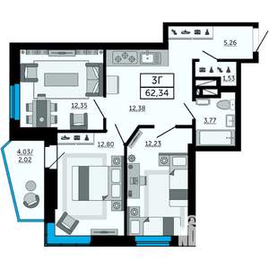 3-к квартира, строящийся дом, 62м2, 3/31 этаж
