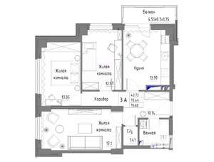 3-к квартира, строящийся дом, 77м2, 19/25 этаж