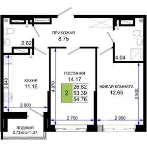 2-к квартира, вторичка, 55м2, 11/25 этаж