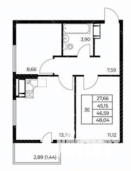 2-к квартира, вторичка, 48м2, 12/25 этаж