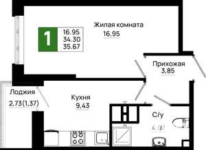 1-к квартира, вторичка, 36м2, 7/25 этаж