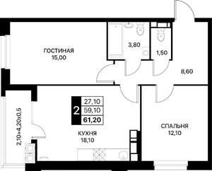 2-к квартира, вторичка, 61м2, 16/20 этаж