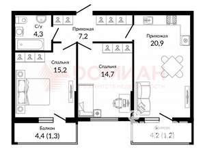 2-к квартира, сданный дом, 62м2, 15/16 этаж