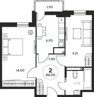 2-к квартира, вторичка, 44м2, 15/25 этаж