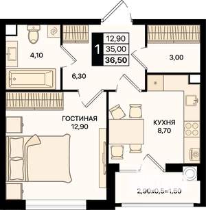 1-к квартира, вторичка, 37м2, 2/15 этаж