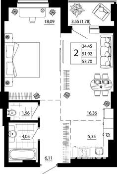 2-к квартира, строящийся дом, 54м2, 9/24 этаж