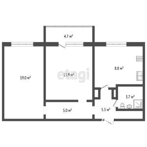 2-к квартира, вторичка, 57м2, 1/10 этаж