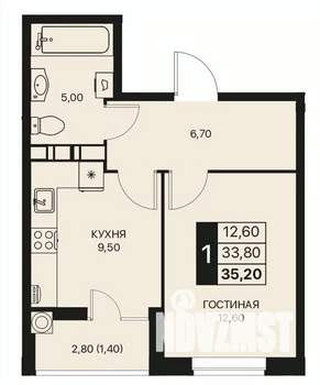 1-к квартира, строящийся дом, 35м2, 3/12 этаж
