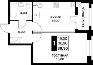 1-к квартира, вторичка, 38м2, 2/12 этаж