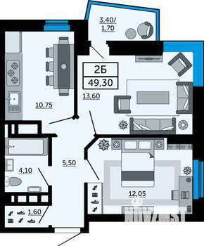 2-к квартира, вторичка, 49м2, 2/21 этаж