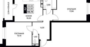 2-к квартира, вторичка, 66м2, 11/12 этаж