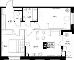 2-к квартира, строящийся дом, 62м2, 2/20 этаж