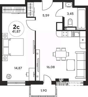 2-к квартира, вторичка, 42м2, 11/25 этаж