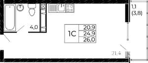Студия квартира, сданный дом, 26м2, 17/18 этаж